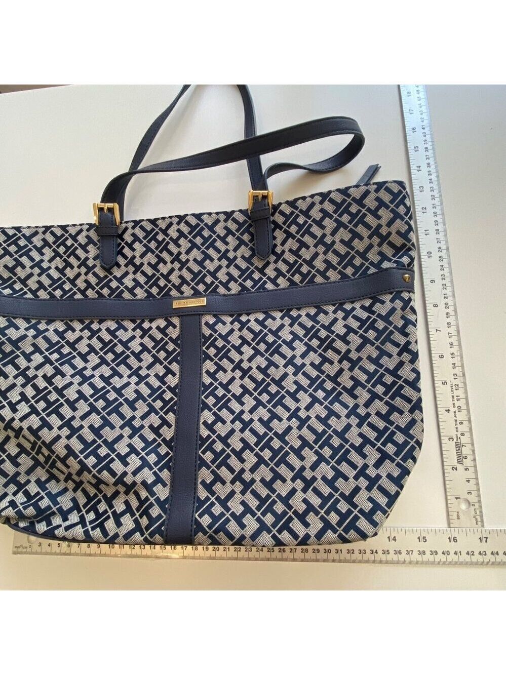 Tommy Hilfiger Navy &White Geometric Tote Bag/purse vegan Leather monogram large - Picture 10 of 14